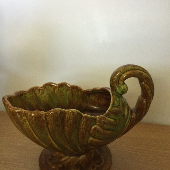 Vintage Haeger pottery USA green and brown cornucopia ceramic planter w handle - Picture 3 of 6